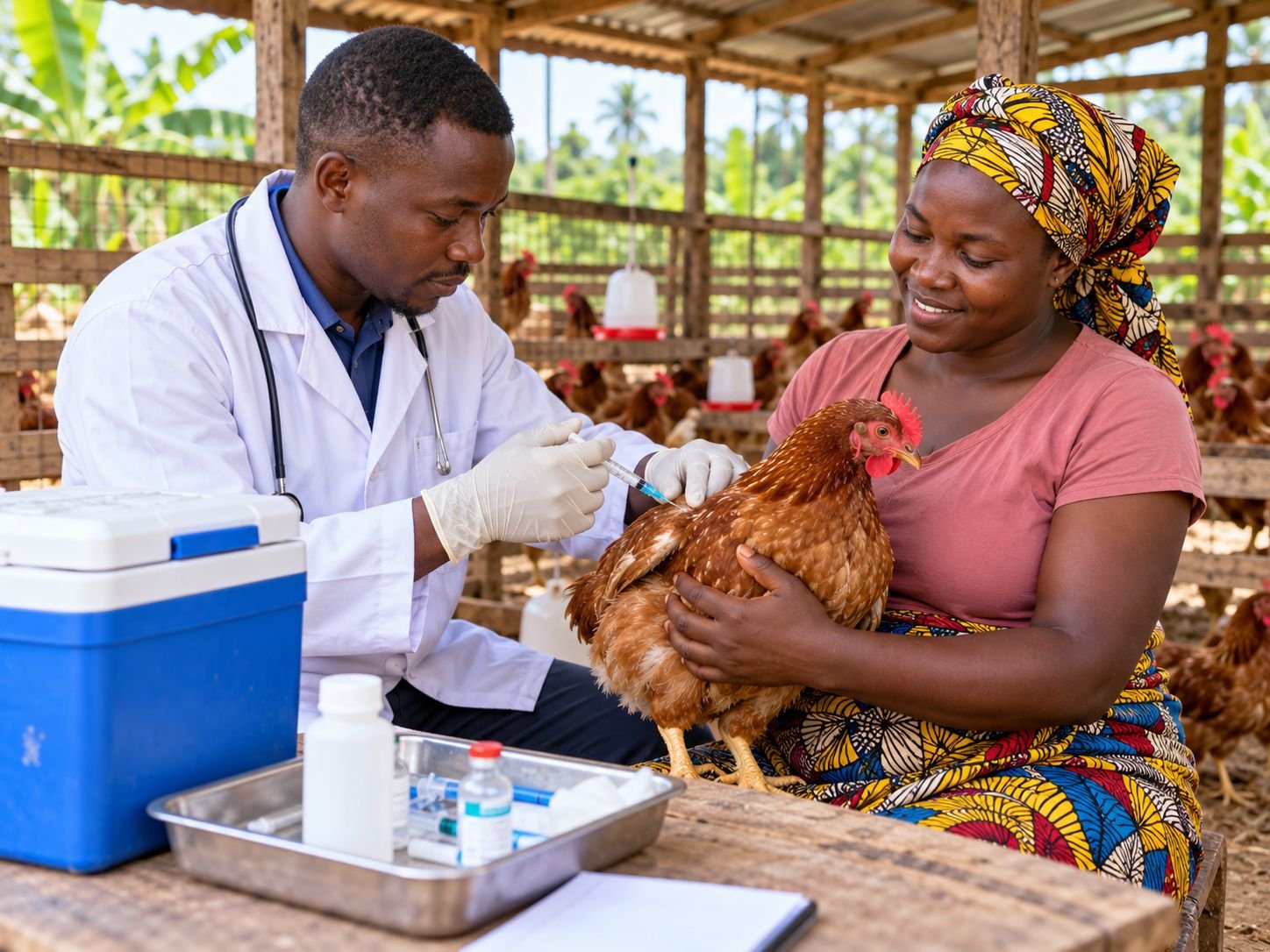 Vaccination d'une poule par un technicien